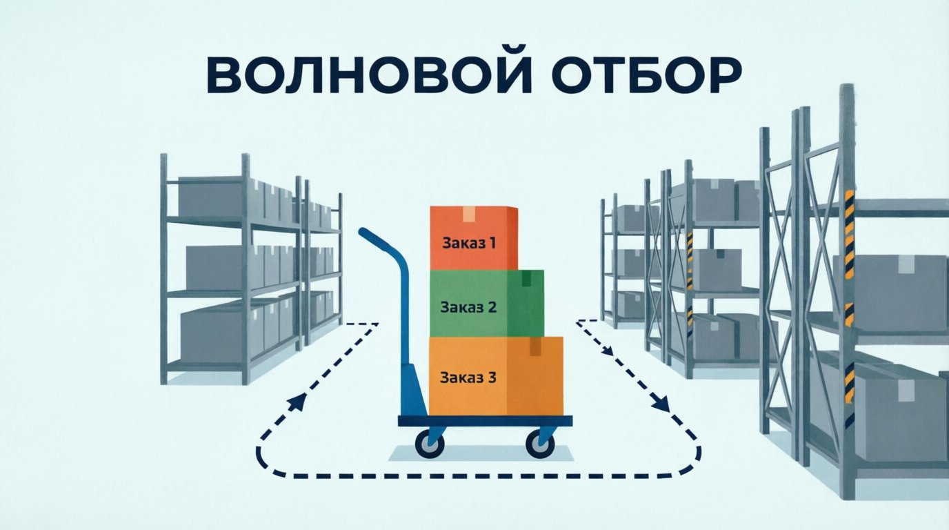 Волновой отбор: сборщик за один маршрут собирает товар в контейнеры нескольких заказов